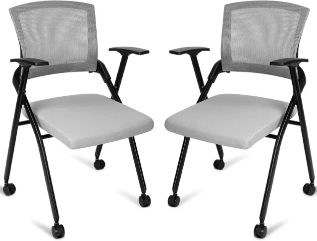 Stackable Conference Room Chairs with Wheels, Gray, Mesh Back, Set of 2