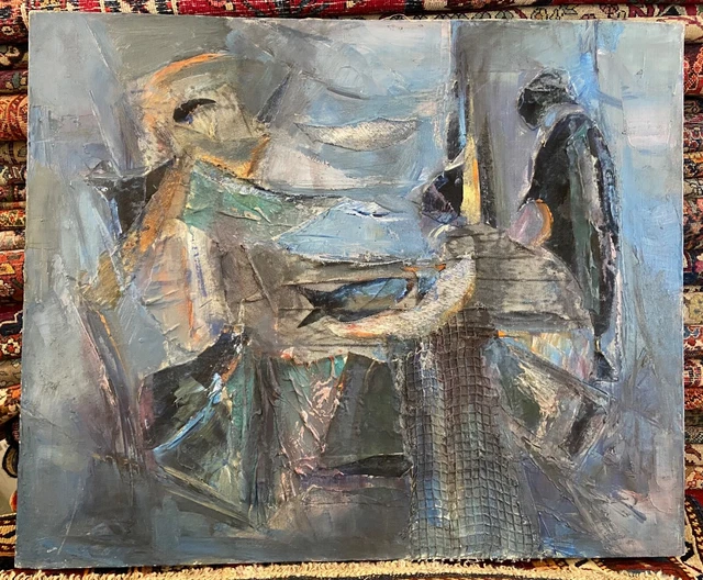 Les PÊCHEURS de SARKISSIAN (?) huile sur toile technique mixte peintre Arménien