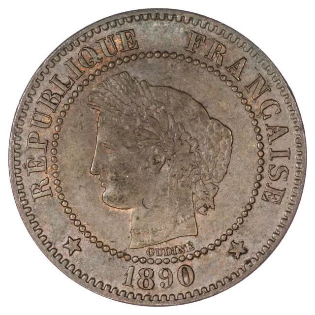 Francia 2 centimes Cérès 1890 a Paris Bronzo moneta Francese Km #827