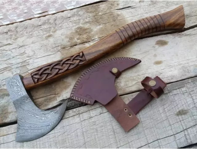 Handmade Viking Damascus Steel Axe Viking Outdoor Wood Handle Axe with Viking Le