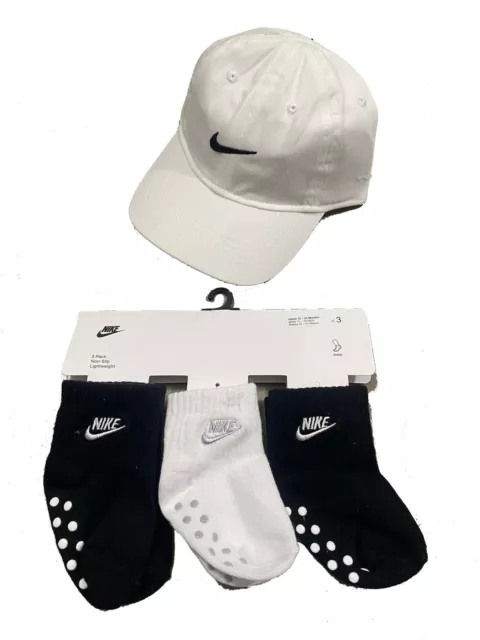 Nike Boys Infant Baby 2 Piece Baseball Cap and Socks Set 12-24 Month Black White