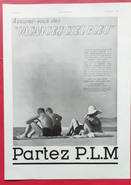 Publicité presse 1937 Vacances ciel bleu Partez P.L.M Voyage Tourisme plage