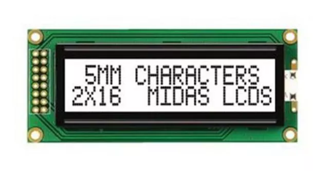 Midas MC21605B6W-FPTLW-V2 B Alphanumeric LCD Display White, 2 Rows by 16 Charact