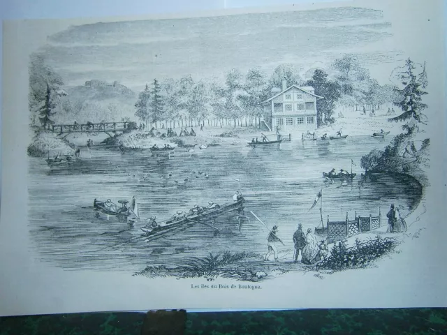 Gravure 19° Les iles du bois de Boulogne Paris canotage guinguette