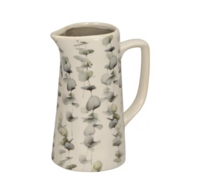 Green Eucalyptus Print Crackle Glaze Ceramic Flower Milk Jug Pitcher Vase