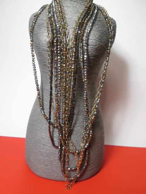 Glass beading gold tone chain black grey multi strands necklace jewelry