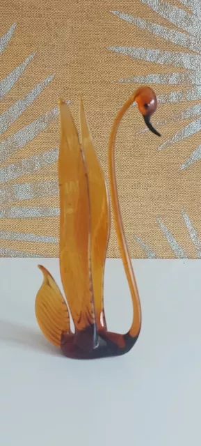 Vintage Amber Murano Style Art Glass Lamp Work Swan Bird Figurine Blown Glass