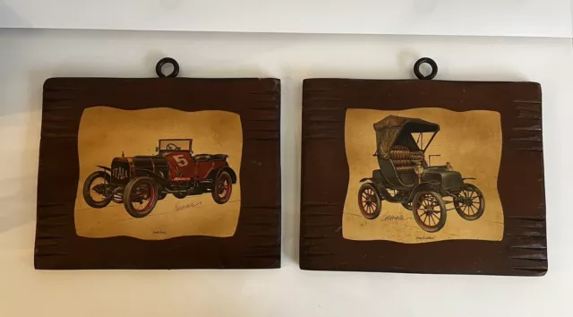 Set Of 2 Vintage Biederman Itala 1908  1904 Cadillac Art On Wood Hanging Plaque