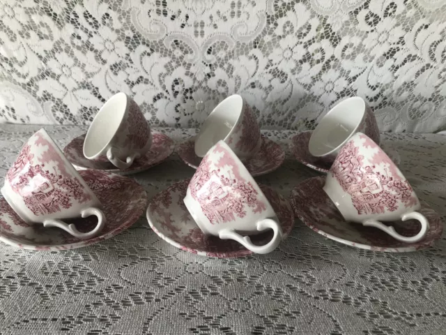 Alfred Meakin, Coaching Days 6 Cups And Saucers Pink England Staffordshire VGC