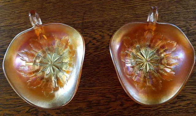 Wow!2 Vintage Dugan Iridescent Marigold Carnival Glass Leaf Pattern Candy Dishes