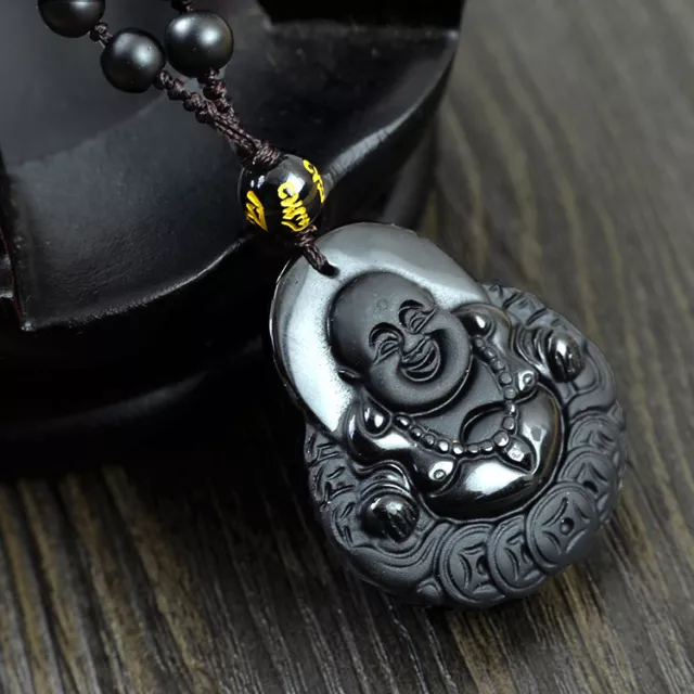 Joli Pendentif Bouddha Rieur en Obsidienne Noire avec Chaine