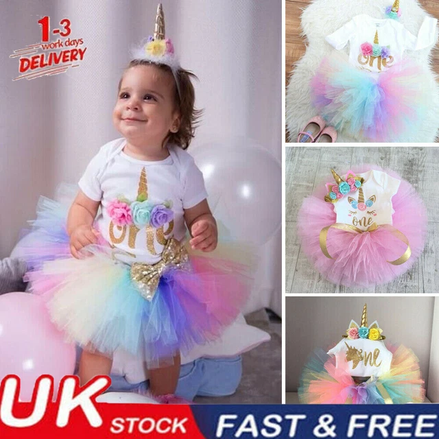 3PCS Baby Girls 1st Birthday Outfit Party Unicorn Wedding Gown Tutu Tulle Dress