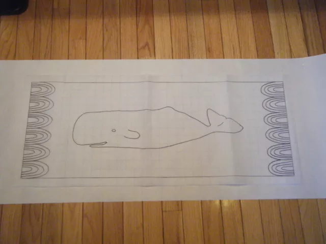 Prim whale runner rug hooking pattern on gridded trace fabric, backing ready