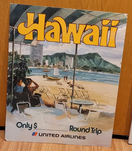 Póster original Allen Beck United Air Lines Hawaii de colección 1970 21 3/4 x 28 Tiki Bar