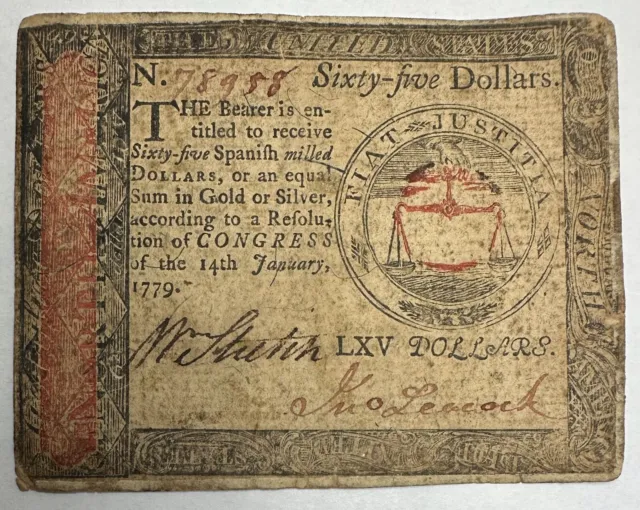 January 14, 1779, $65 Continental Currency Note Fr# CC-100 - VF