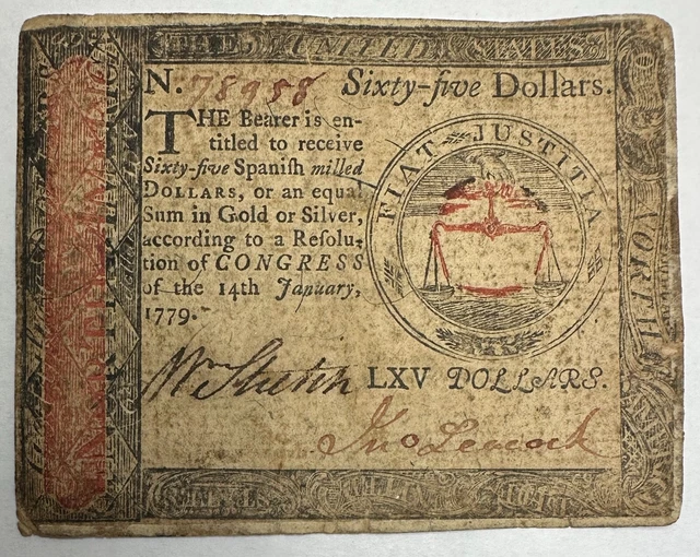 January 14, 1779, $65 Continental Currency Note Fr# CC-100 - VF