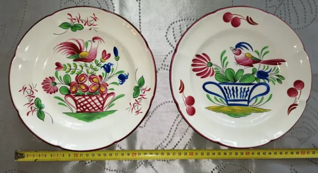 2 Assiettes en FAÏENCE de SAINT CLÉMENT décor oiseau 73 et 75 coq perruche