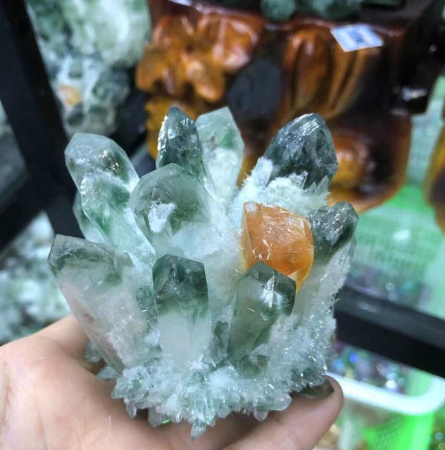 300g + New Find Green and Yellow Phantom Quartz Crystal Cluster Mineral Specimen