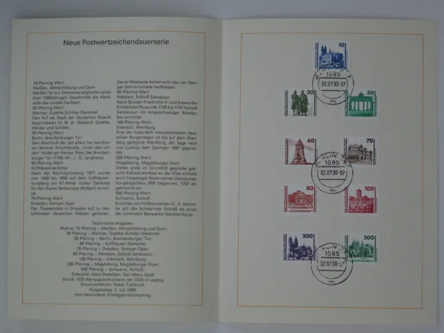 (90j24) DDR Erinnerungsblatt 1990 mit ESST Mi.Nr. 3344-3352 Bauwerke + Denkmäler