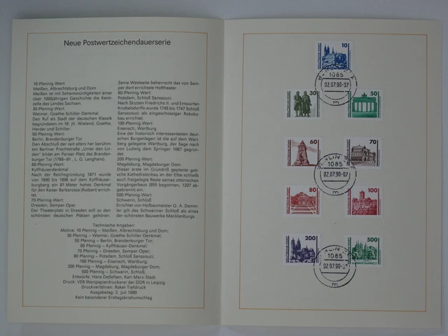 (90j24) DDR Erinnerungsblatt 1990 mit ESST Mi.Nr. 3344-3352 Bauwerke + Denkmäler
