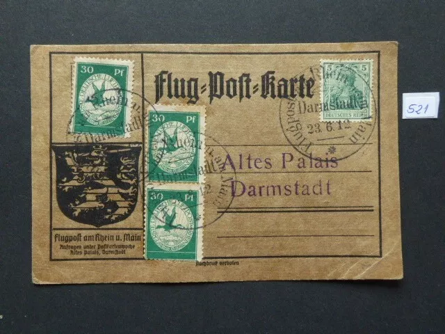 Dt. Reich 1912 Flugpost RHEIN/ MAIN 3x Mi III auf Karte nach Darmstadt !