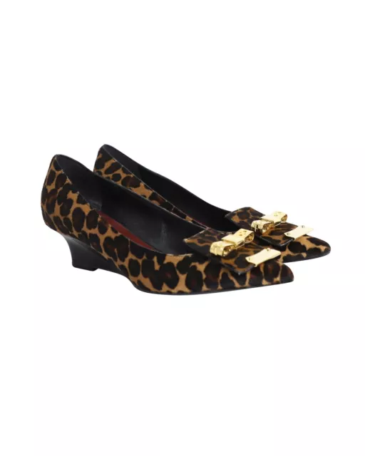 PRE LOVED BURBERRY Leopard Print Low Wedge Bow Pumps - Wedges - Animal ...