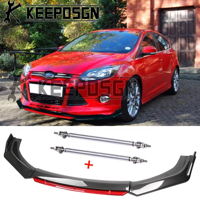 FOR FOCUS ST RS CARBON FIBER & Red Front Bumper Lip Splitter Spoiler Strut Rods
