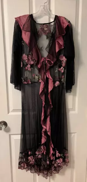VINTAGE SHEER ROBE Kimono Black Beaded Embroidered Silk Trim Pink ...