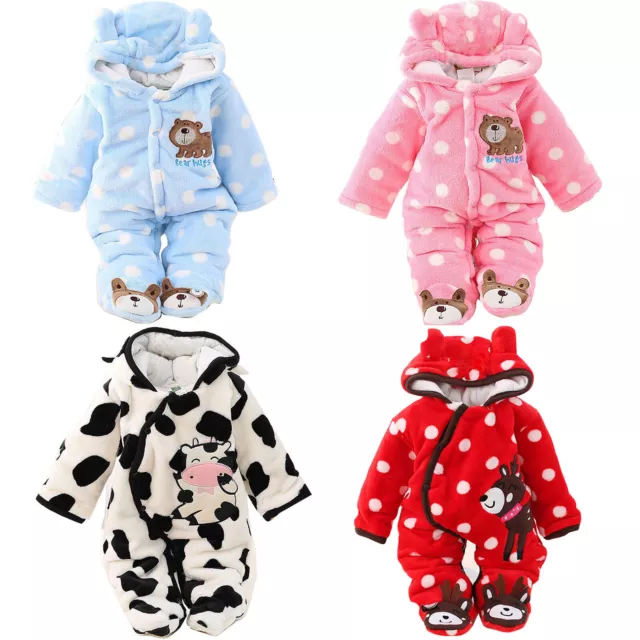 Newborn Infant Winter Warm Jumpsuit Hooded Baby Fleece Romper Clothes Outfits