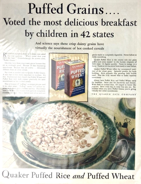 Vintage Quaker Oats Puffed Wheat Puffed Rice Cereals  1930 Magazine Print Ad L76