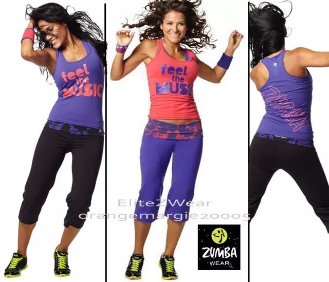 ZUMBA 2 Pc.SET! "Feel the Music" Racerback Top Tank + Flash Flare Capri Leggings