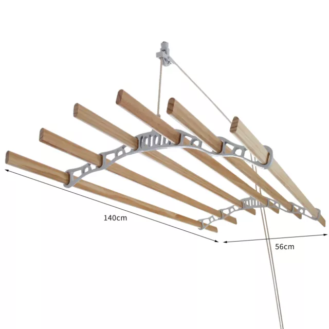 Etendoir à Linge Suspendu de 1,4 Mètre, 6 Lattes en Pin, Supports & Poulie Blanc