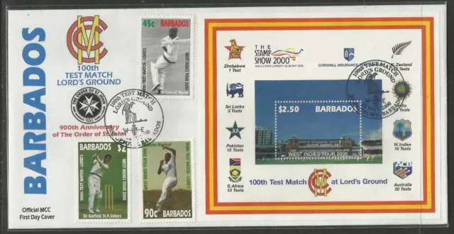 BARBADOS 2000 LORD'S CRICKET 100th TEST MATCH 3v & S/Sheet FIRST DAY COVER