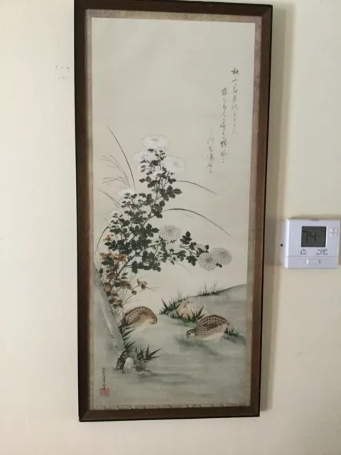 Antique Chinese Or Japanese Silk Scroll Birds & Landscape Signed & Framed