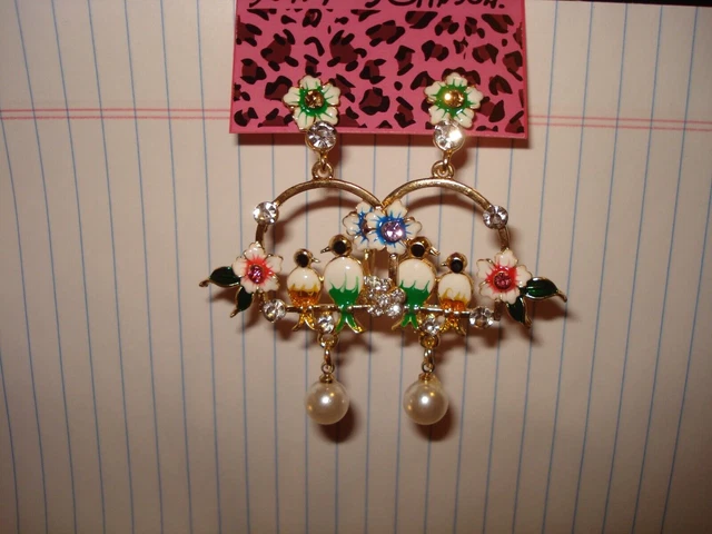 Betsey Johnson Enamel Rhinestone Faux Pearls Floral Birds Post Dangle Earrings