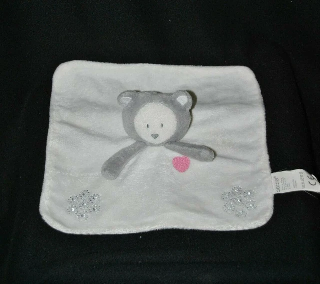 Doudou panda koala OKAIDI OBAIBI blanc gris cœur rose flocons TTBE
