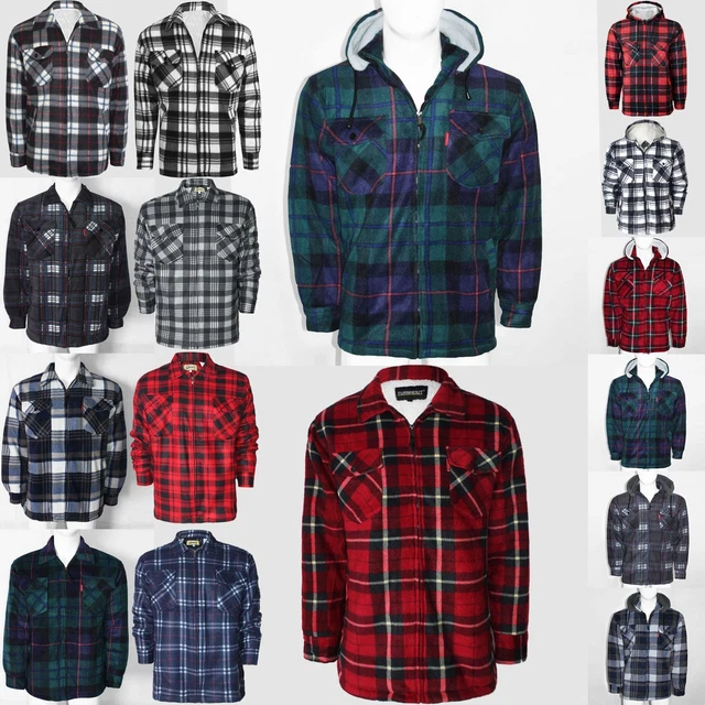 Mens Fur Fleece Lined Lumber Jack Shirt Padded Sherpa Hoodie Thick Winter Tops