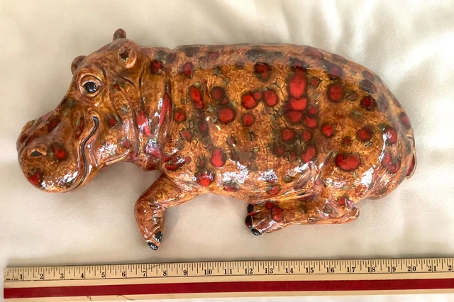 Big Lazy Hippopotamus Hippo Figurine 21" x 11" x 5" Brown Ceramic Vintage