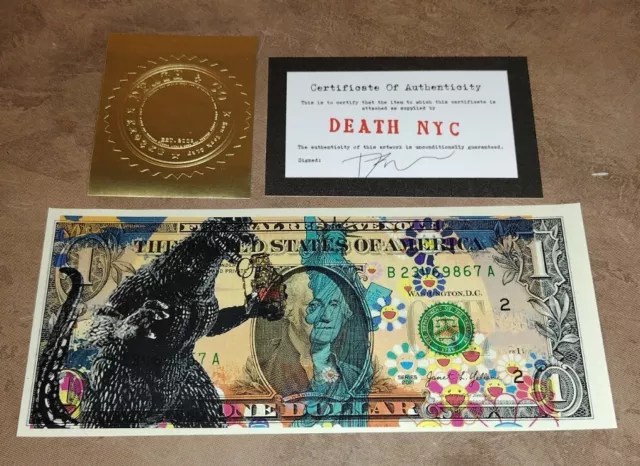 Death NYC ltd ed signed art USD DOLLAR $1 bank note Godzilla Statue Of Liberty