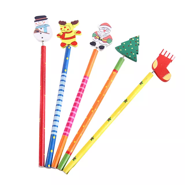 Writing Pen Set of 5 Wooden Pencil Christmas Tree Snowman Sock Bell Old Man