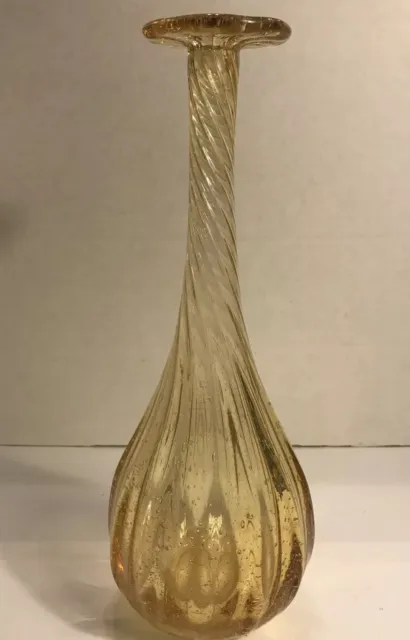Flat Top Vase Twisted Bubbles Blown Glass  Yellow Citrine 11.5”