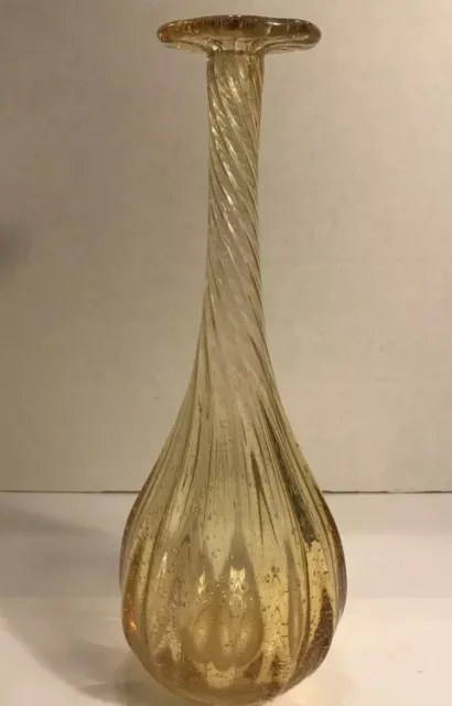 Flat Top Vase Twisted Bubbles Blown Glass  Yellow Citrine 11.5”