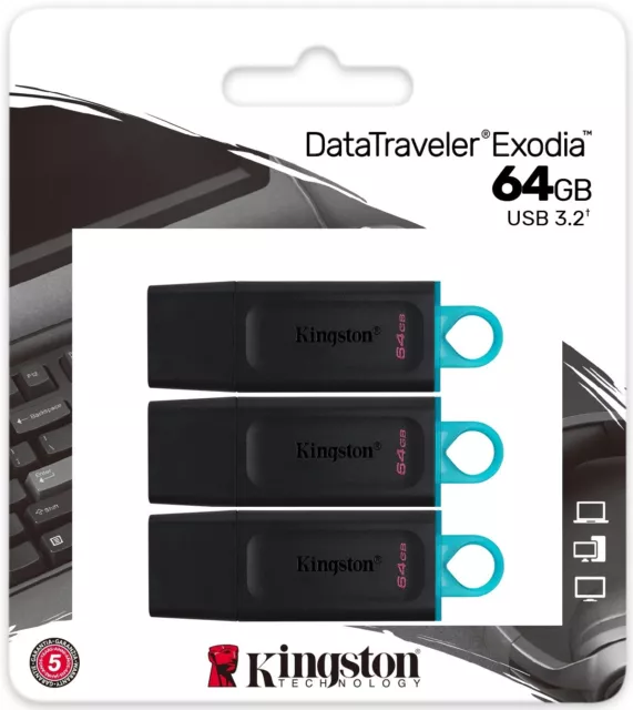 3 Packs of Kingston 64GB Data Traveller Exodia Memory Stick USB 3.2 Flash Drive