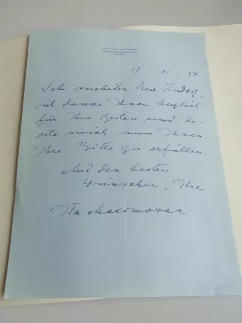 Bühnenbildnerin Ita Maximowna (1901-1988) Signierter Slip Berlino 1954 Autografo 3