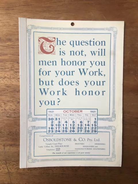 Antique October 1921 Calendar Osboldstone Co Melbourne Printer Vintage Card