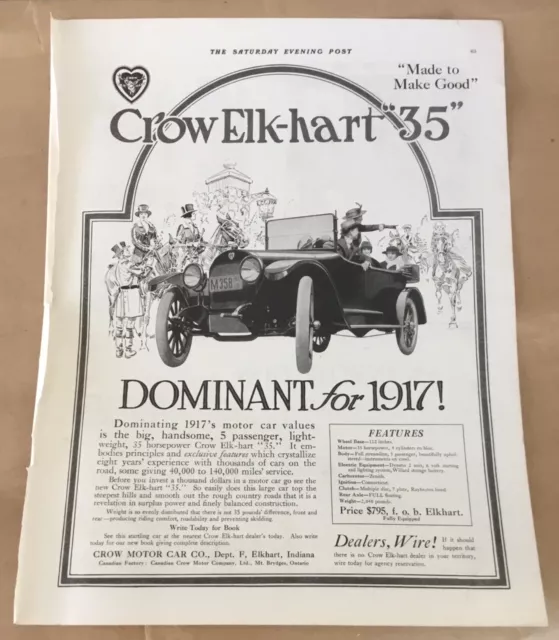 Crow Elk-hart 35 car print ad 1916 vintage retro art illustration auto for 1917