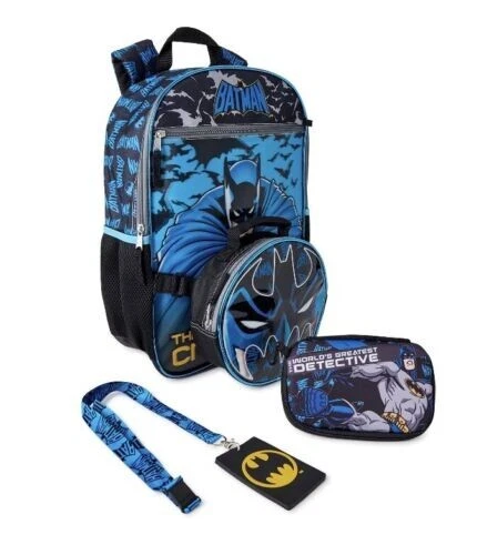 NEW DC Batman Backpack 4 Piece Set With Lunch Bag Pencil Case Lanyard Black Blue NEW DC Batman Backpack 4 Piece Set With Lunch Bag Pencil Case Lanyard Black Blue