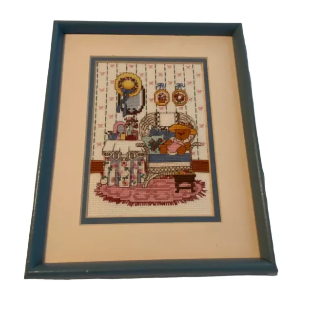 Sombreros de oso de peluche de colección sala de estar punto de cruz enmarcado azul arte colgante de pared