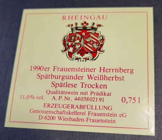 Weinetikett 1990er  Frauensteiner Herrnberg Spätburgunder Weißherbst   Spätlese