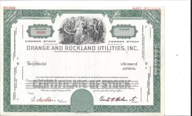 Orange And Rockland Utilities Inc......abn "Specimen" Common  Stock Certificate